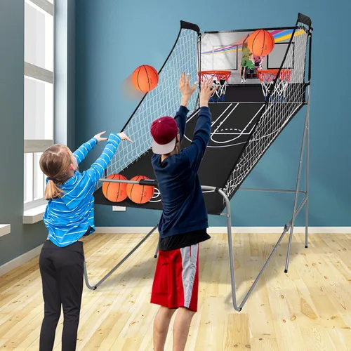 Miniatura 9 de Goplus Juego de Arcade de Baloncesto Plegable de Doble Tiro, Juego de Aro de Baloncesto con Puntuación Electrónica, 8 Modos de Juego, 4 Pelotas