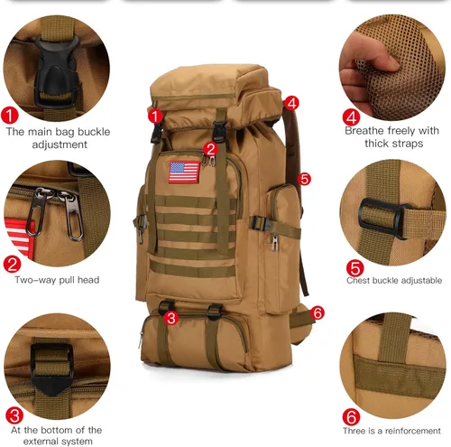 Miniatura 8 de King'sGuard 70L Camping Hiking Backpack for Men Women Large Military Tactical Backpack Molle Rucksack Backpack for Outdoor Caqui