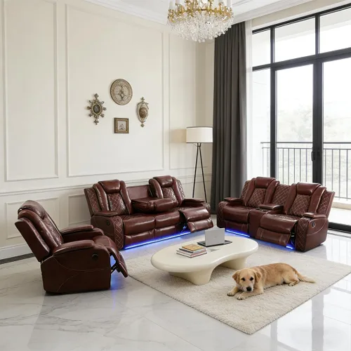 Miniatura 12 de Pon Living - Lujoso juego de sofá reclinable de cuero con LED, juego de sofá reclinable eléctrico, juegos de muebles de sala con portavasos/puerto