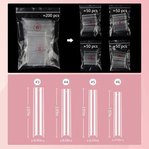 Miniatura 3 de Puntas de uñas cuadradas de relleno sin curva C, puntas de uñas de gel cuadradas cónicas transparentes largas 3XL, 200 piezas