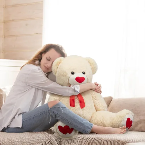 Miniatura 4 de HollyHOME Oso de Peluche Grande Animal de Peluche Oso Grande de Felpa con Corazón Rojo para Novia y Niños Juguete de Regalo de Vacaciones 36 Beige
