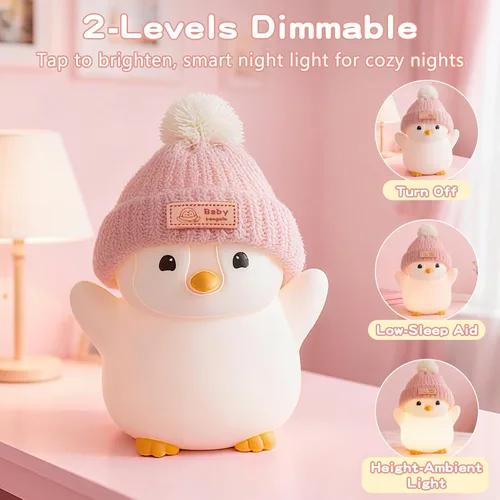 Miniatura 2 de FAMIDUO Luz nocturna de pingüino, bonita lámpara de pingüino rosa con sombrero de punto, luz nocturna de silicona suave para bebé, recargable