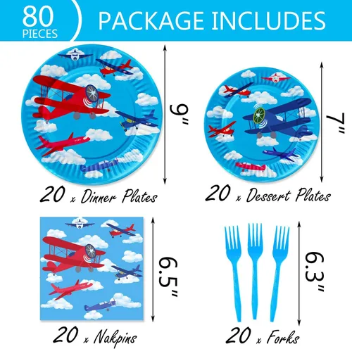 Miniatura 5 de 80 piezas de suministros de fiesta de avión, platos de papel para aviones, servilletas, tenedores, vajilla para temática de aviación para niños