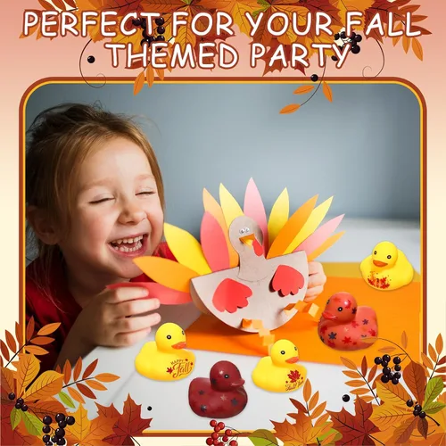 Miniatura 6 de Hiboom Patos de goma de Acción de Gracias de 1.38 pulgadas, patos de goma de otoño con patrones de hojas de calabaza, juguetes de bañera