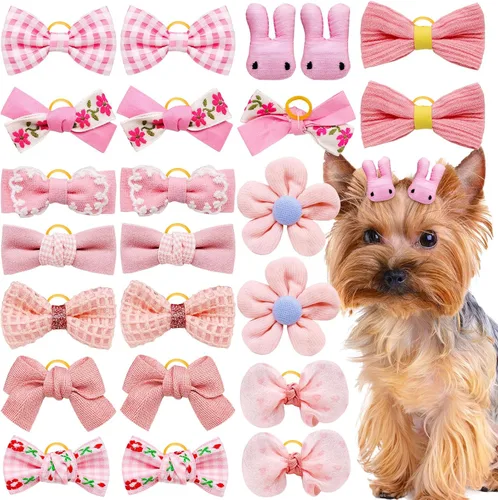 20 piezas de lazos pequeños de color rosa claro para el pelo de perros con bandas de goma, moño de bola de flores con nudo superior para accesorios