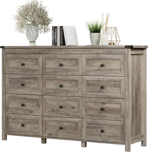 Miniatura 13 de Cómoda para dormitorio con 6 cajones, cómoda de madera de granja, soporte de TV ancho con mango de metal, organizador de ropa moderno para pasillo