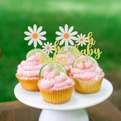 Miniatura 2 de Paquete de 24 adornos para cupcakes Daisy Oh Baby White Daisy para cupcakes temáticos boho Groovy Daisy, revelación de género de bebé, flores