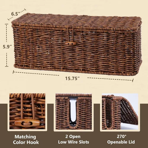 Miniatura 2 de BROWNLILY Caja de Gestión de Cables, Organizador de Cables Estilo Ratán para Escritorio, Ocultador de Cables, Cubiertas de Enchufes a Prueba