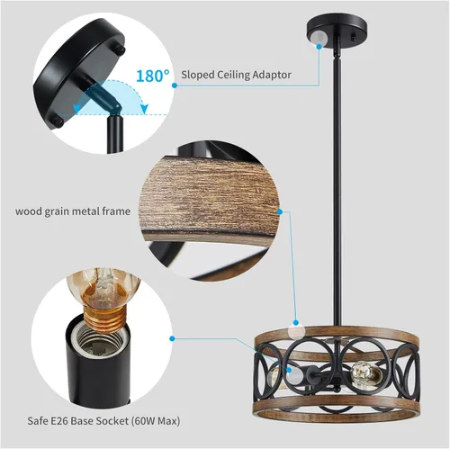 Miniatura 4 de XINGQI Lámpara de Techo Negra Araña de Altura Ajustable Lámpara Colgante Moderna de Granja Accesorio de Iluminación de Metal con Veta de Madera 13
