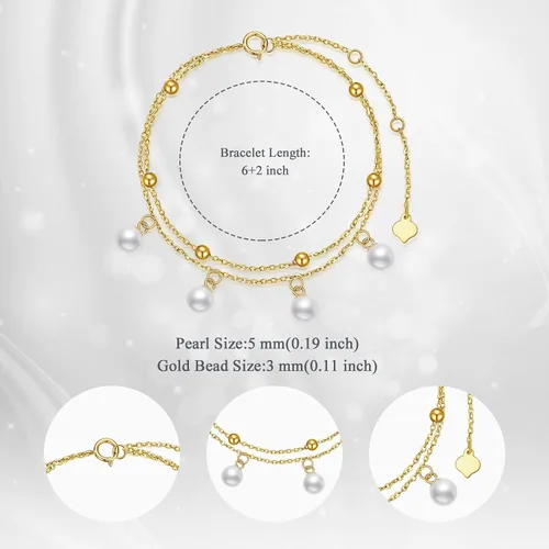 Miniatura 5 de Pulsera de oro macizo de 14 quilates para mujer, pulsera de perlas cultivadas de agua dulce de oro amarillo con doble cadena de regalo para ella