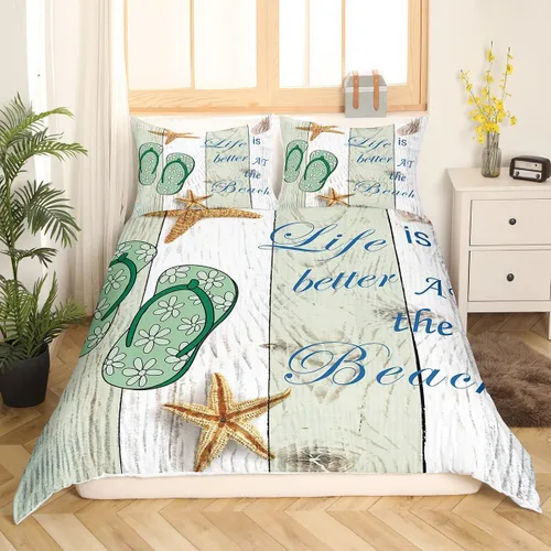 Miniatura 3 de Juego de funda de edredón con chanclas para niños, color verde y blanco, funda de edredón de madera rústica para niños y niñas, decoración