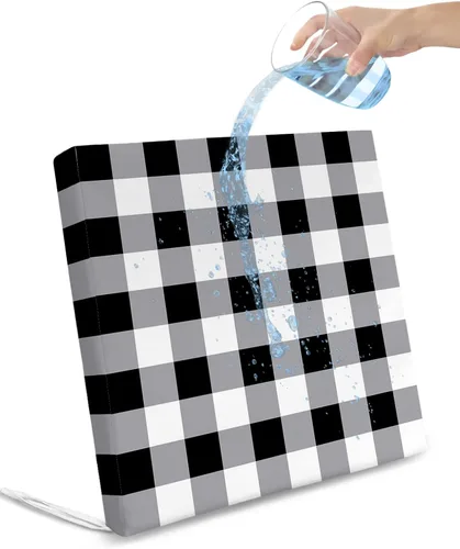 Miniatura 2 de Funda de cojín de asiento impermeable para interiores y exteriores, diseño a cuadros blancos y negros, paquete de 2 con lazos de 20 x 18 pulgadas