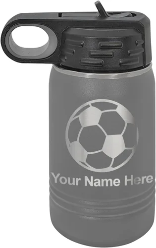 Miniatura 73 de LaserGram Botella de agua personalizada, pelota de fútbol, acero inoxidable de doble pared aislada al vacío con popote superior, regalo grabado