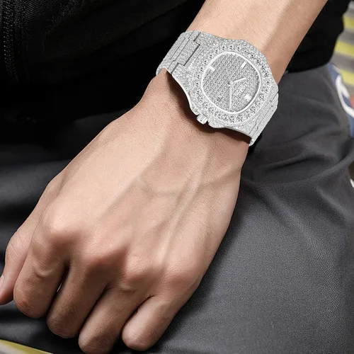 Miniatura 29 de Gosasa Reloj de pulsera unisex de cristal para hombre y mujer, reloj cubano con brillo completo, oblongo de plata/oro, reloj de pulsera de acero