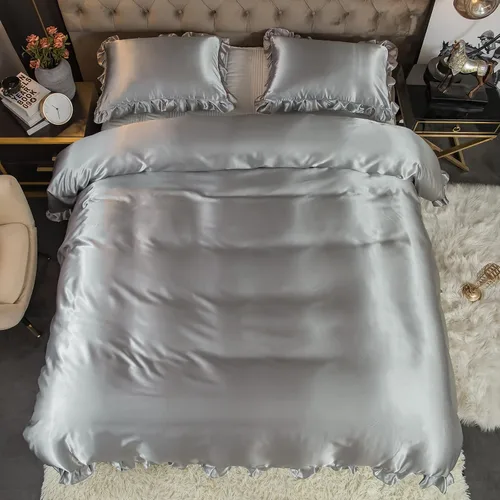 Miniatura 9 de Juego de funda de edredón de satén sedoso, ropa de cama con volantes grises, diseño de volantes de satén gris claro, juego de ropa de cama de satén