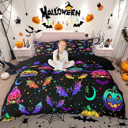 Miniatura 26 de Erosebridal Juego de ropa de cama de murciélago de Halloween, tamaño individual, con purpurina y estrellas, galaxia, funda de edredón para niños