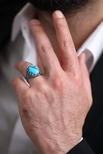 Miniatura 3 de Anillo de lujo de plata de ley 925 maciza turca hecha a mano con turquesa simulada