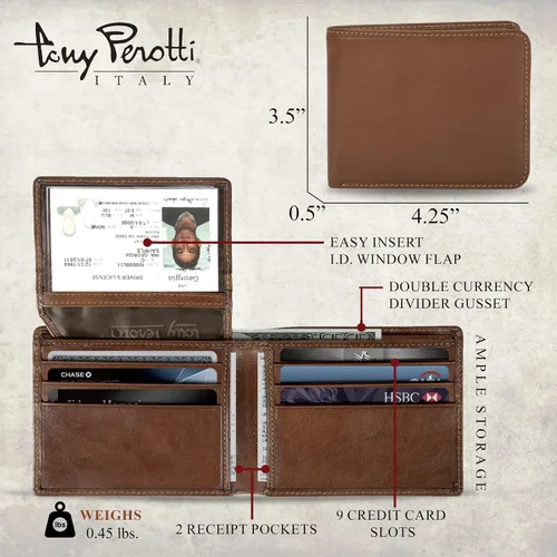 Miniatura 2 de Tony Perotti Men's Italian Leather Bifold Wallet With ID Window Flap, Card Holders, Pockets - Eco-Friendly Vegetable-Tanned