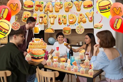 Miniatura 8 de Decoraciones de fiesta de comida rápida, papas fritas, pizza, hamburguesa, pollo frito, hot dog, suministros de fiesta, incluye pancarta