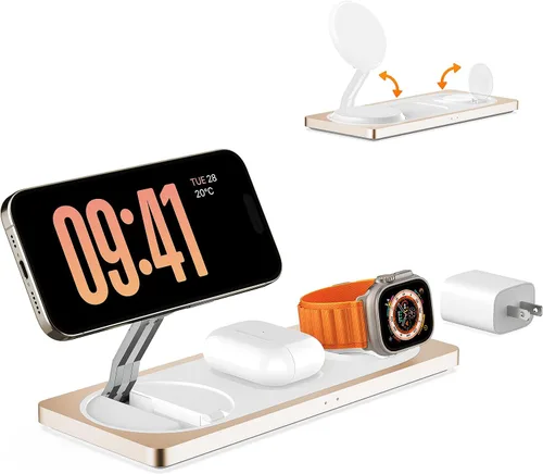 Estación de carga 3 en 1 para dispositivos Apple: Usada para estación de carga de iPhone y reloj con soporte de cargador Magsafe, cargador Dorado
