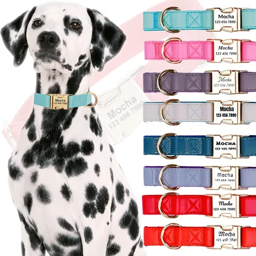 Miniatura 12 de Custom Large Dog Collar Solid Color Personalized Pet Collar Leather & Nylon Puppy Dogs ID Collars Engraved Name for Small Medium Large Dog