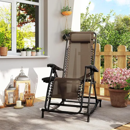 Miniatura 9 de Outsunny Mecedoras para exteriores, plegables, reclinables, de gravedad cero, mecedora de descanso con almohada, portavasos y soporte para teléfono