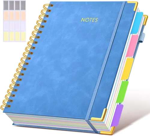 Miniatura 15 de Cuaderno universitario de espiral con tapa dura de cuero de 8 x 10 pulgadas, con pestañas separadoras extraíbles, para 5 materias, a rayas; diario