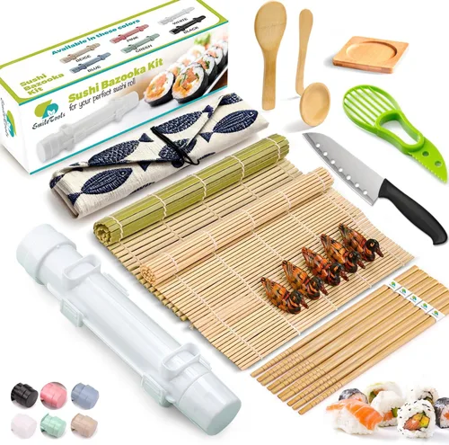 Kit de fabricación de sushi SmileTools, juego de rodillo de sushi 22-en-1 con alfombrilla de bambú para rodar sushi, bazuca de sushi, cuchillo para