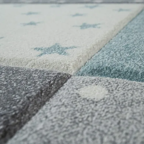Miniatura 2 de Paco Home Alfombra infantil para guardería a cuadros con puntos y estrellas en azul, blanco y gris, tamaño: 3'11" redonda