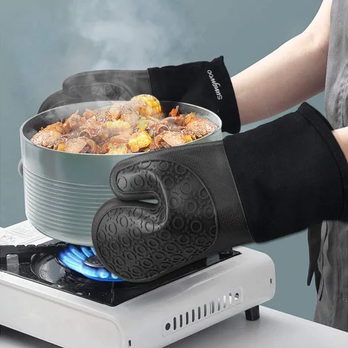 Miniatura 6 de sungwoo Guantes de horno de silicona, resistentes al calor, con forro acolchado, agarre texturizado antideslizante, perfectos para barbacoa, Negro