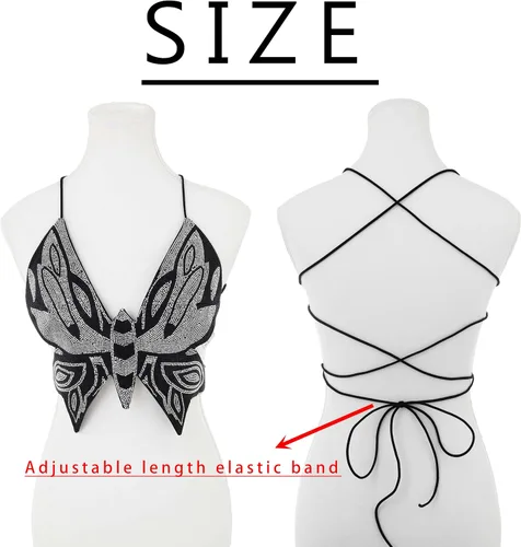 Miniatura 3 de Formery Sujetador sexy con diamantes de imitación Y2K para mujer, camiseta sin mangas negra con mariposa, discoteca, fiesta, festival, tops cortos
