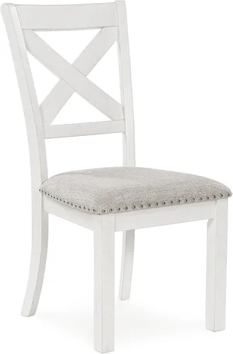 Miniatura 8 de Signature Design by Ashley Robbinsdale - Silla de comedor tapizada casual de madera maciza con ribete de cabeza de clavo, juego de 2, blanco y gris