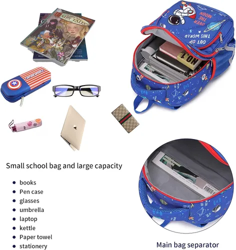 Miniatura 7 de Mochila infantil para niños de primaria, preescolar, 16 pulgadas, multifuncional, linda capacidad, Azul Patchwork, 16 pulgadas