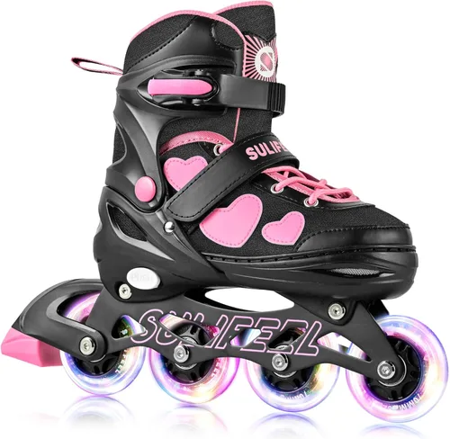 SULIFEEL Love Hearts - Patines en línea ajustables de 4 tamaños para niñas con pompones esponjosos, ruedas iluminadas de 3 a 12 años, regalo de