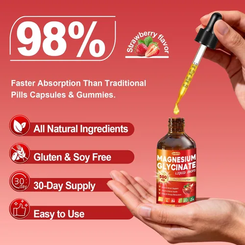 Miniatura 5 de Gotas líquidas de glicinato de magnesio de 500 mg – Alta absorción con vitamina B6, D3, C, zinc – Apoya el estado de ánimo, sueño, corazón y salud