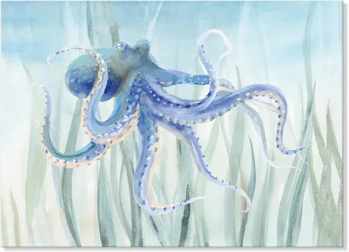 Miniatura 42 de Arte de Lienzo de Pulpo para Pared Pintura Temática de Vida Oceánica Imagen de Animal Marino Azul y Dorado Obra de Arte Costera Imagen de Pulpo