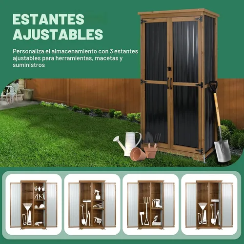 Miniatura 7 de Ketive Gabinete de almacenamiento para exteriores, armario alto de jardín para herramientas con techo resistente a la intemperie, puertas con doble