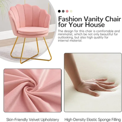 Miniatura 4 de Furniliving Sillas de tocador rosas, silla de maquillaje de terciopelo para dormitorio, silla de escritorio de oficina en casa con patas chapadas