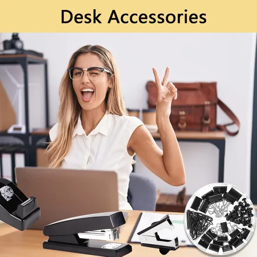Miniatura 4 de Suministros de oficina, accesorios de escritorio negros, juego de suministros de oficina, juego de grapadora y dispensador de cinta, tijeras