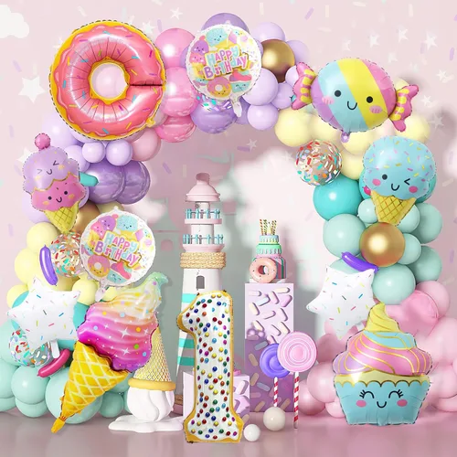 Miniatura 4 de 10 globos de helado, globos de papel de aluminio Mylar con número de dona de caramelo, temática de helado, suministros de fiesta de primer cumpleaños