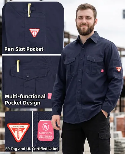 Miniatura 2 de TICOMELA Camisa de soldadura FR de peso medio para hombre, 7.5oz 100% algodón NFPA 2112 CAT2 - Camisa de trabajo con botones resistente al fuego