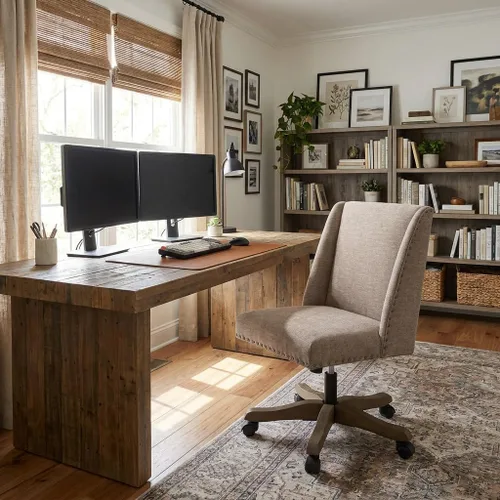 Miniatura 9 de Zihanhome Silla de Oficina Tapizada sin Brazos con Patas de Madera, Silla de Escritorio de Oficina en Casa Moderna Ajustable Silla de Computadora