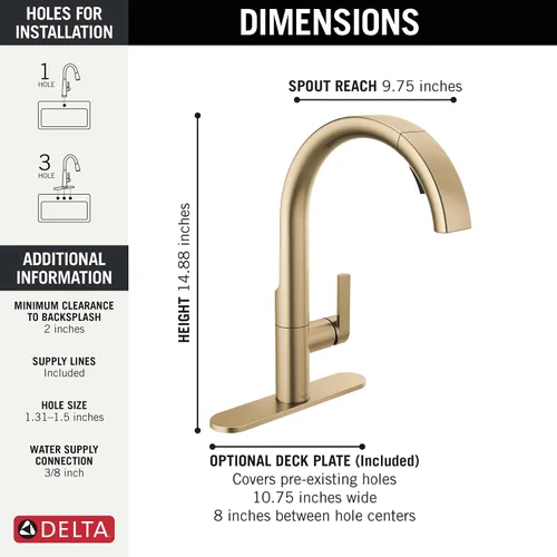Miniatura 4 de Delta Keele Grifo de cocina dorado cepillado con pulverizador extraíble, grifo de cocina de un solo agujero dorado cepillado moderno, manija única