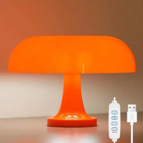 Lámpara de mesita de noche naranja para dormitorio, lámpara de mesa de hongo retro con 3 colores de iluminación y 10 niveles de brillo, lámpara de