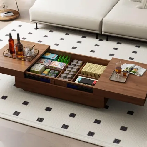 Miniatura 4 de Mesa de centro expandible de mediados de siglo con almacenamiento – Mesa central ajustable de 47.2"-81.9" para la sala de estar, acabado en madera