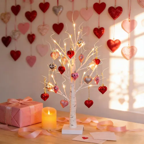 Miniatura 5 de Lámpara romántica de árbol de abedul en forma de corazón, decoración del día de San Valentín, árbol de abedul iluminado con adornos de corazón, haz