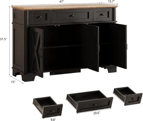 Miniatura 2 de BestHaped Armario de buffet de granja con almacenamiento, aparador negro con estantes ajustables y 3 cajones, mesa de buffet, barra de café, bar