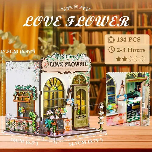 Miniatura 6 de Kit de rincón de libros – Kit de casa en miniatura de bricolaje con luz LED, rompecabezas de madera 3D, decoración de estantería estilo floristería