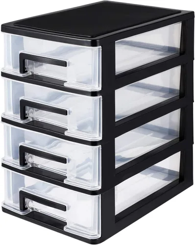 Organizador de almacenamiento de escritorio de 4 cajones, contenedores de plástico, organizador de aparador para el hogar (negro y transparente)