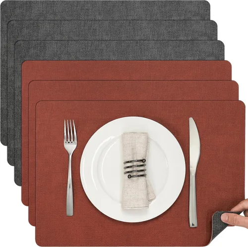 Miniatura 53 de Myir JUN Juego de 6 manteles individuales de doble cara, de piel sintética, para interiores, para mesa de comedor, exteriores, cuadrados, Negro